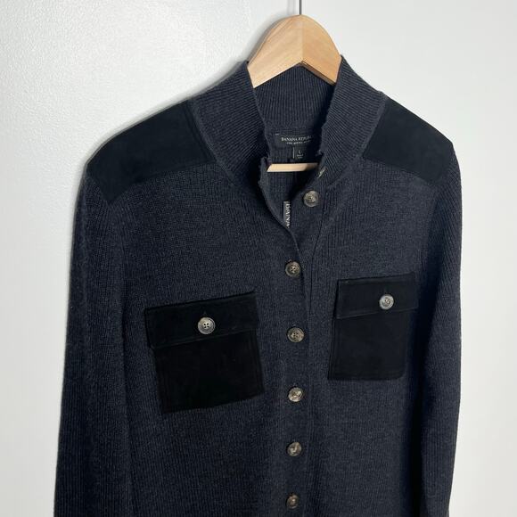 Banana Republic Womens Merino Wool Suede Sweater Dress L Gray Black Utility Coat - Picture 5 of 14